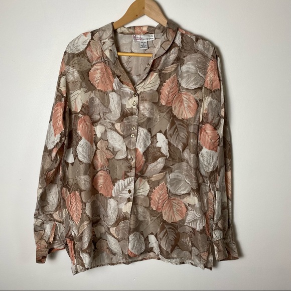Vintage 1990s Tan Silk Leaf Print Blouse Size Medium - Picture 11 of 11